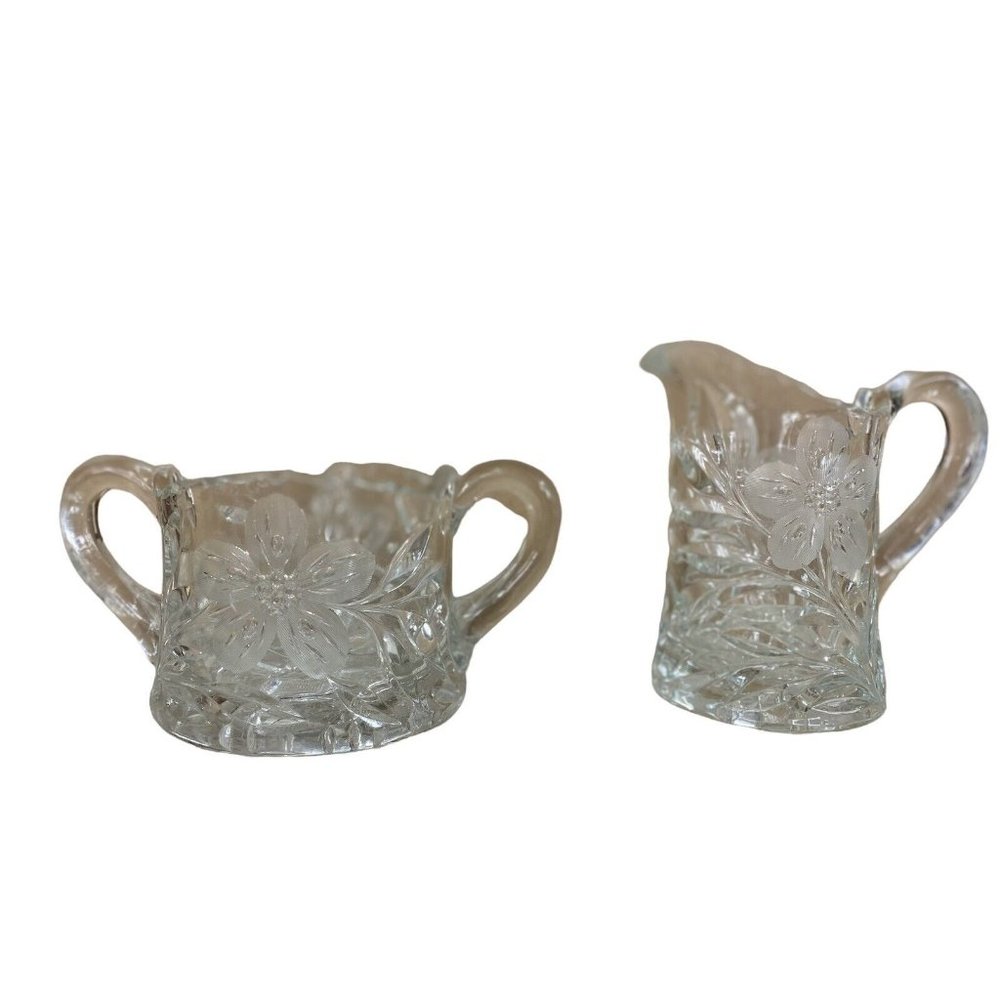 Heavy Glass Creamer & Sugar Flower Pattern EAPG Clear Pressed Glass Antique